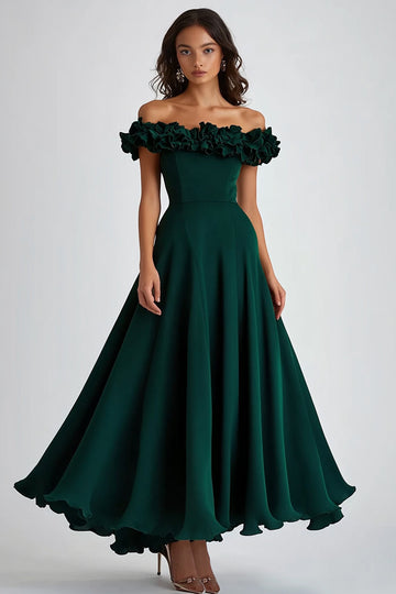 Dark Green Off The Shoulder Satin Ruffled A Line Long Formal Dress